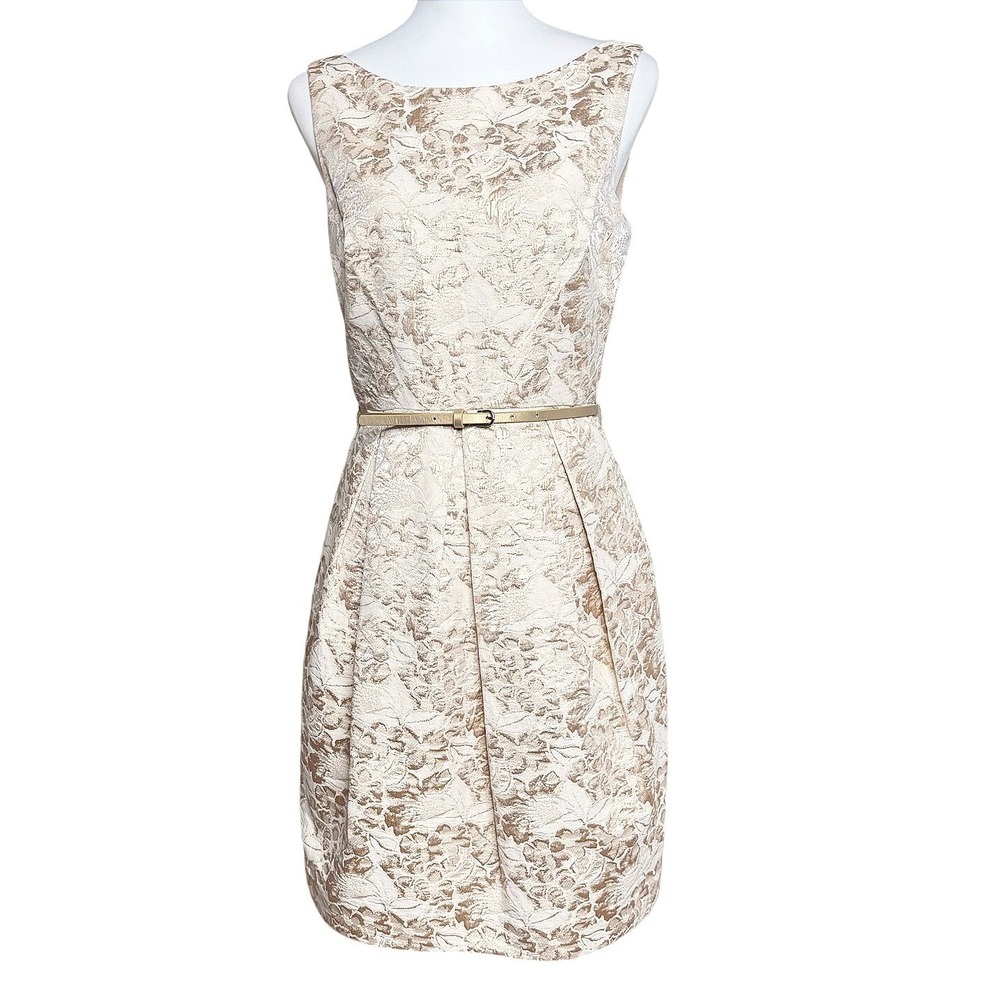 Eliza J Metallic Floral Jacquard Cocktail Belted Dress Gold Cream Womens 6